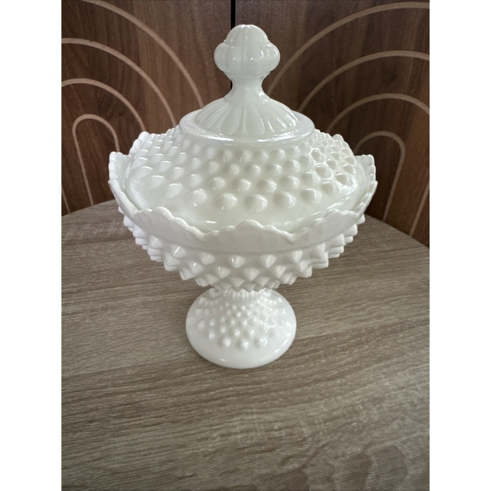 Vintage Fenton Hobnail Milk Glass Scalloped Lidded Candy Dish Pedestal